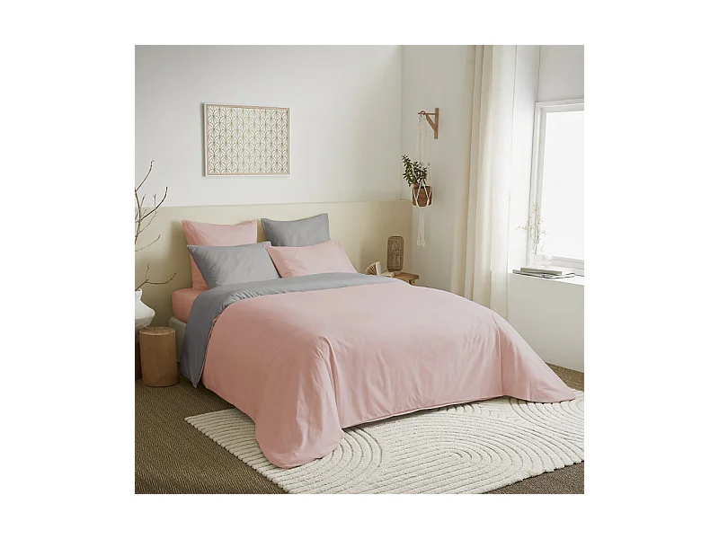 Pack complet 6 pièces Rose/Gris réversible housse de couette pour lit 140 x 190 cm
