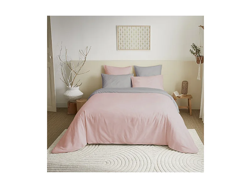 Pack complet 6 pièces Rose/Gris réversible housse de couette pour lit 140 x 190 cm