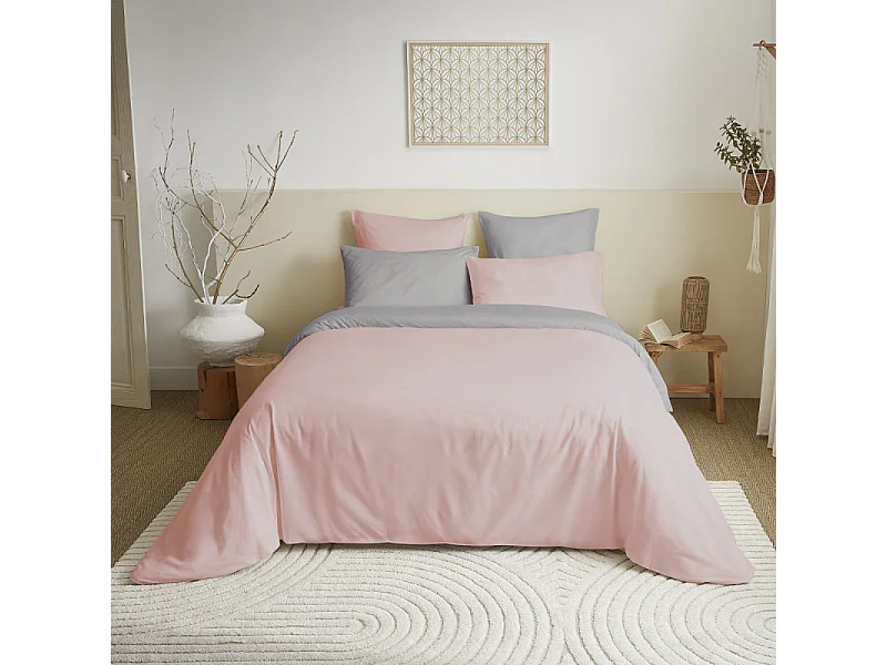 Pack complet 6 pièces Rose/Gris réversible housse de couette pour lit 140 x 190 cm