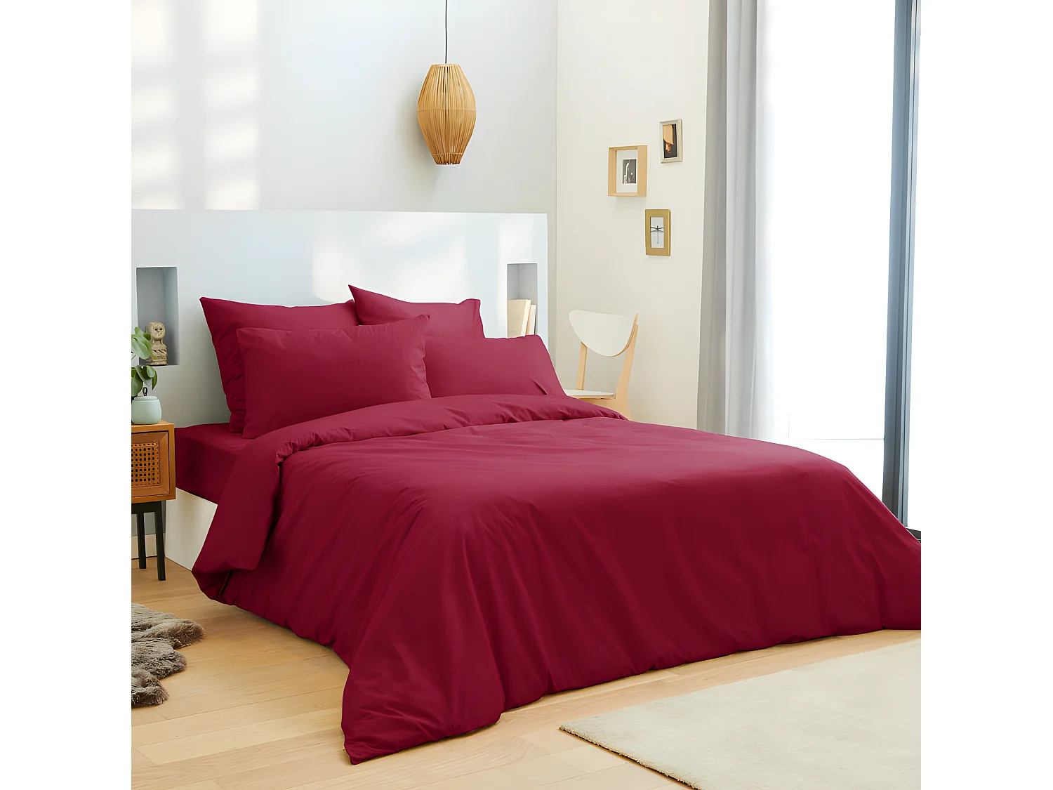 Parure de draps 4 pièces Unicolore Rouge pour lit 140 x 190 cm 100% coton / 57 fils/cm²