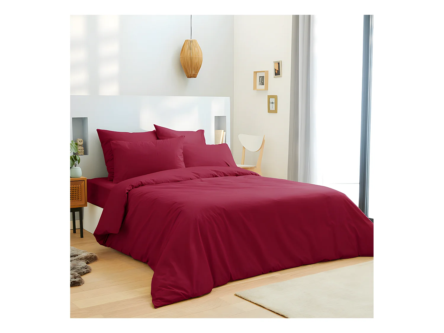 Parure de draps 4 pièces Unicolore Rouge pour lit 140 x 190 cm 100% coton / 57 fils/cm²
