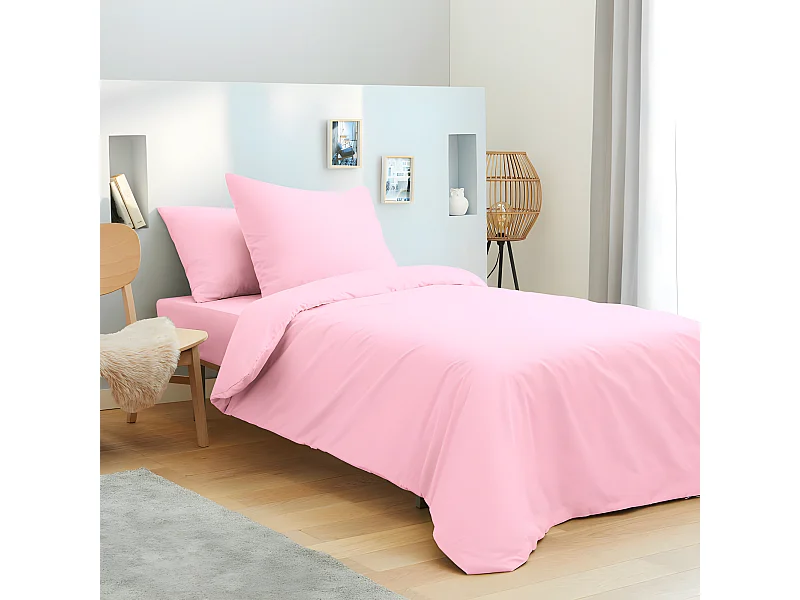 Pack complet 4 pièces Rose housse de couette pour lit 90 x 190 cm 100% coton / 57 fils/cm²