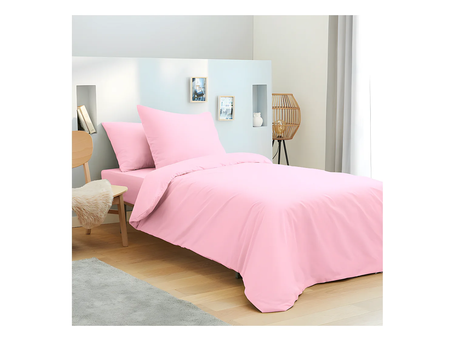 Pack complet 4 pièces Rose housse de couette pour lit 90 x 190 cm 100% coton / 57 fils/cm²