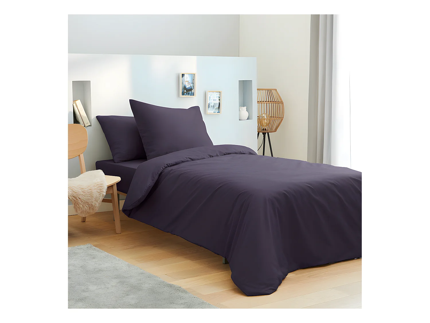 Parure de draps 3 pièces unicolore Prune pour lit 90 x 190 cm 100% coton / 57 fils/cm²