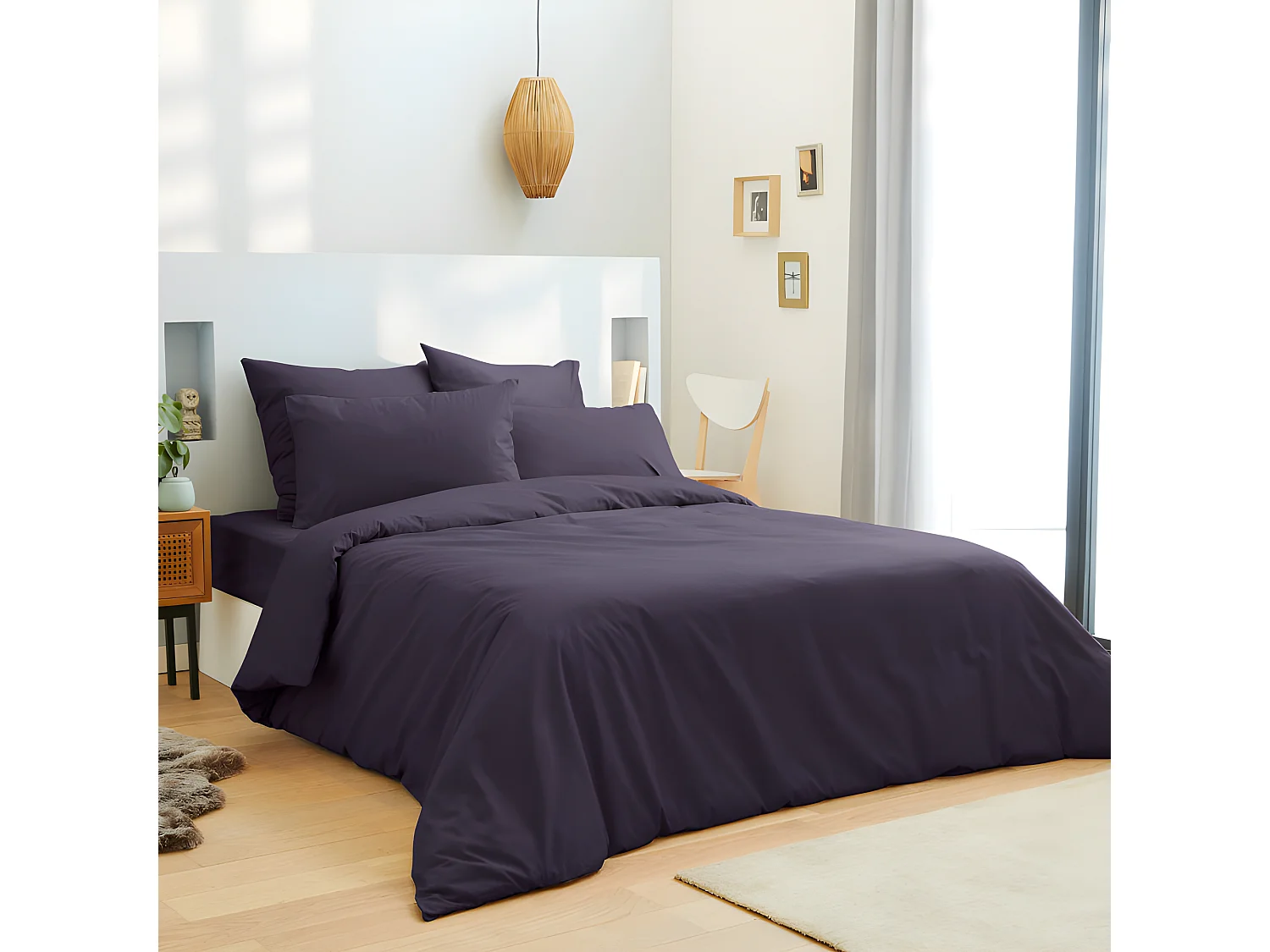Pack complet 6 pièces Prune housse de couette pour lit 140 x 190 cm 100% coton / 57 fils/cm²