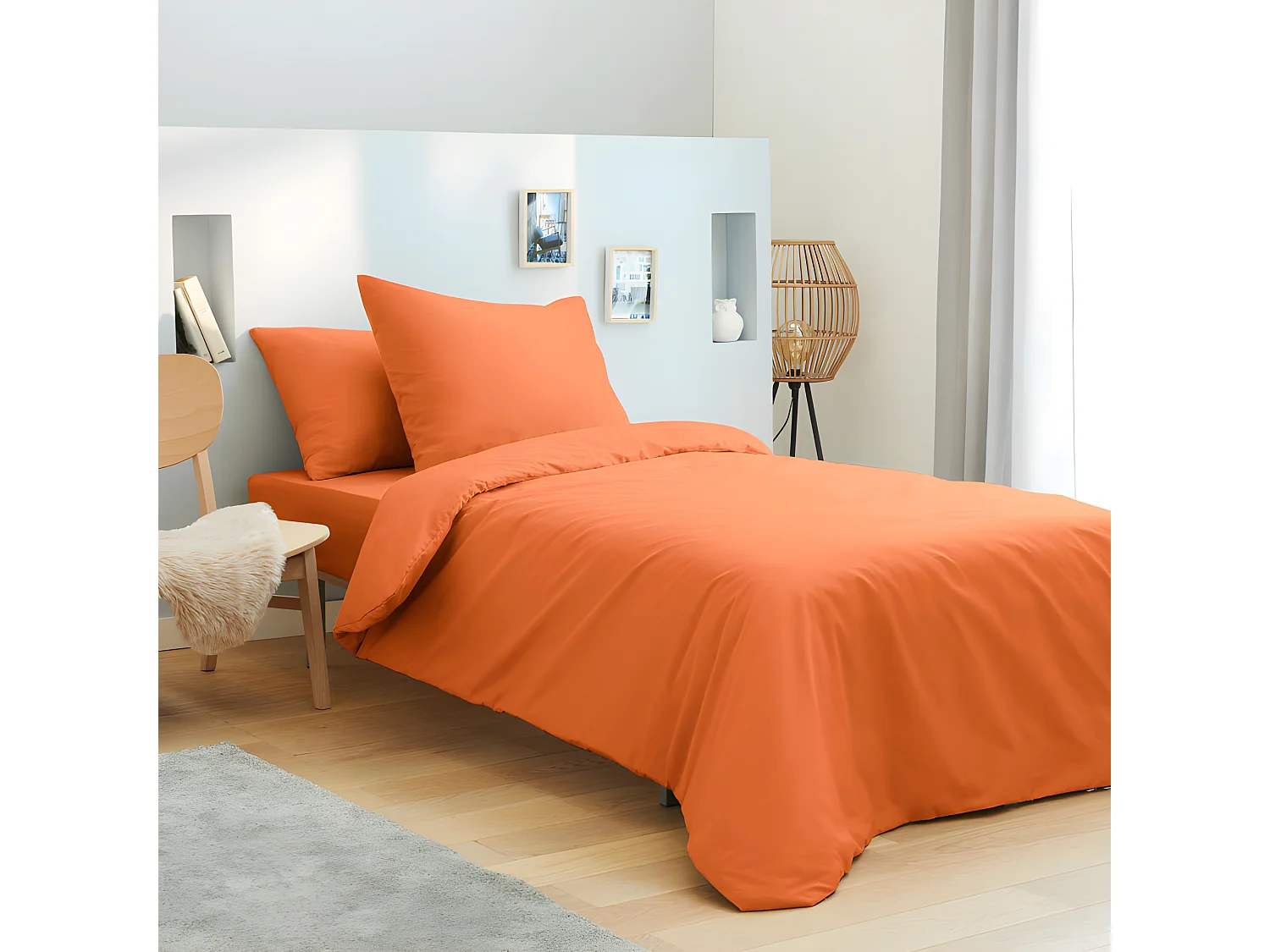 Pack complet 4 pièces Orange housse de couette pour lit 90 x 190 cm 100% coton / 57 fils/cm²
