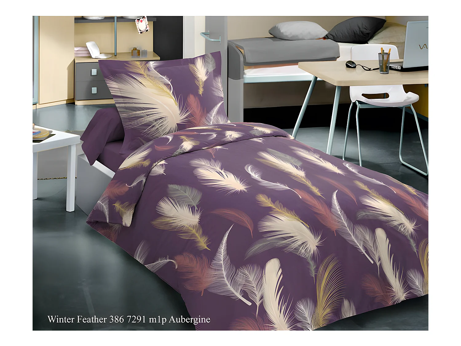Parure de draps 3 pièces Feather Aubergine pour lit 90 x 190 cm 100% coton / 57 fils/cm²
