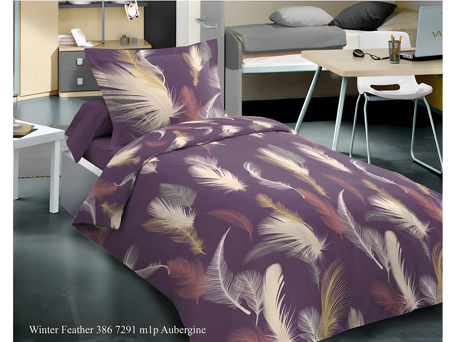 Parure de draps 3 pièces Feather Aubergine pour lit 90 x 190 cm 100% coton / 57 fils/cm²