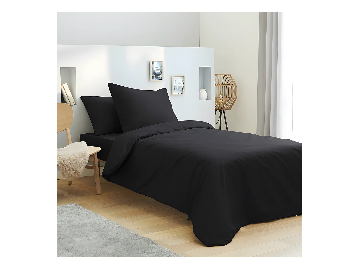 Parure de draps 3 pièces unicolore Noir pour lit 90 x 190 cm 100% coton / 57 fils/cm²