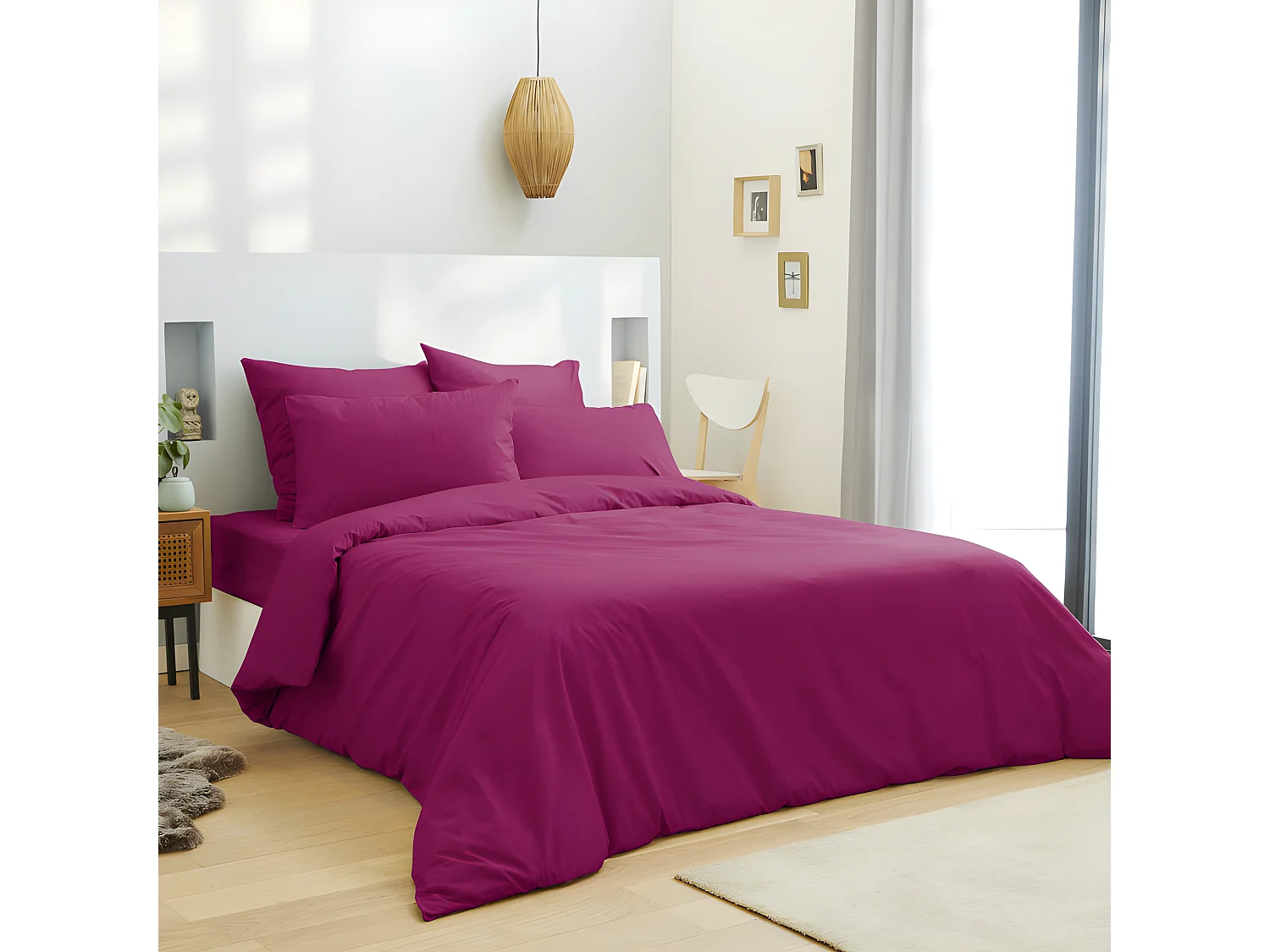 Pack complet 6 pièces Fushia housse de couette pour lit 180 x 200 cm "King size" 100% coton / 57 fils/cm²