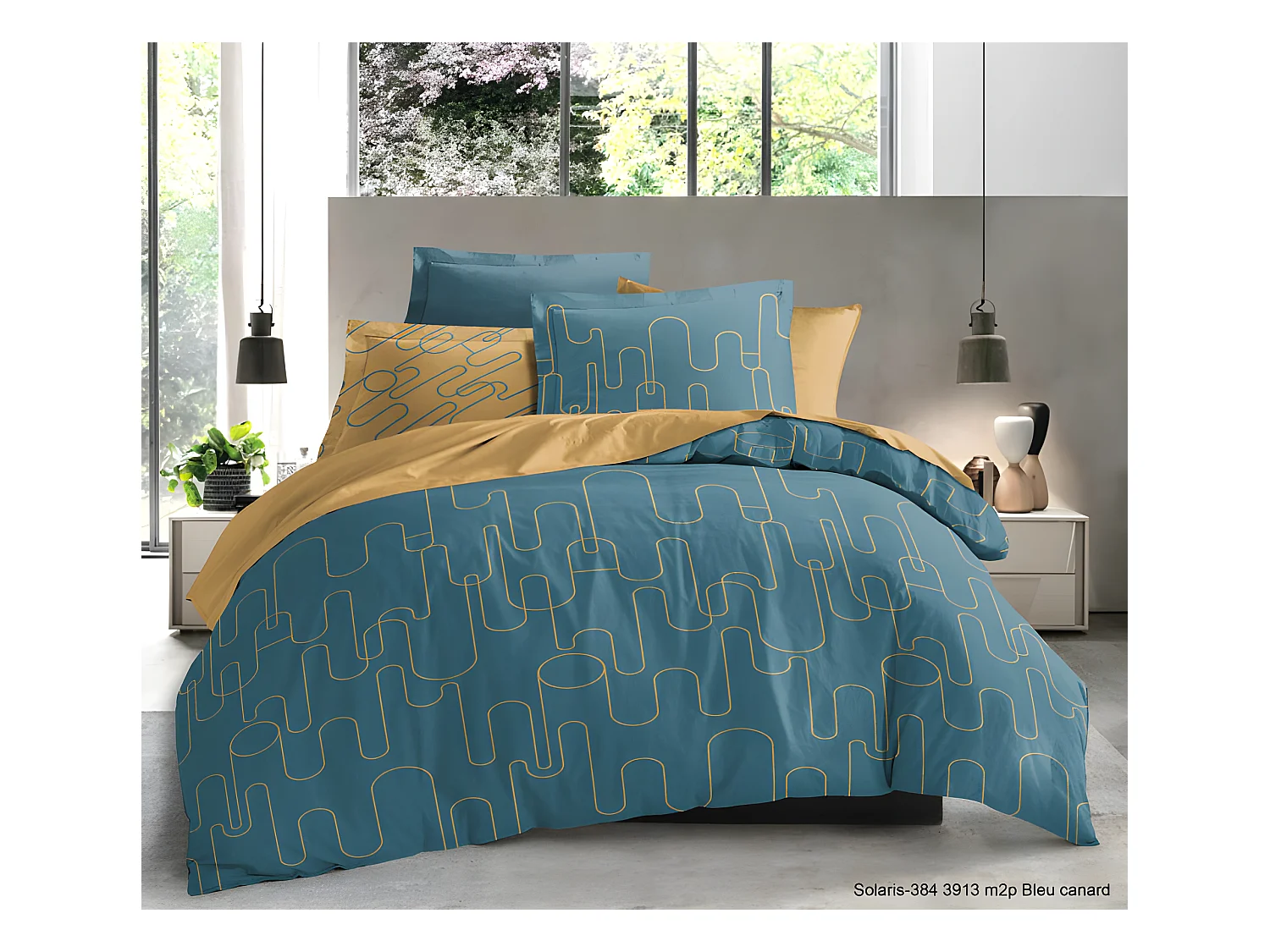 Pack complet Solaris Blue housse de couette pour lit 140 x 190 cm 100% coton / 57 fils/cm²