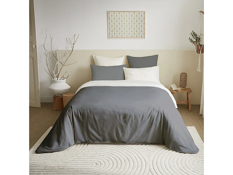 Pack complet 6 pièces Anthracite/Blanc réversible housse de couette pour lit 160 x 200 cm
