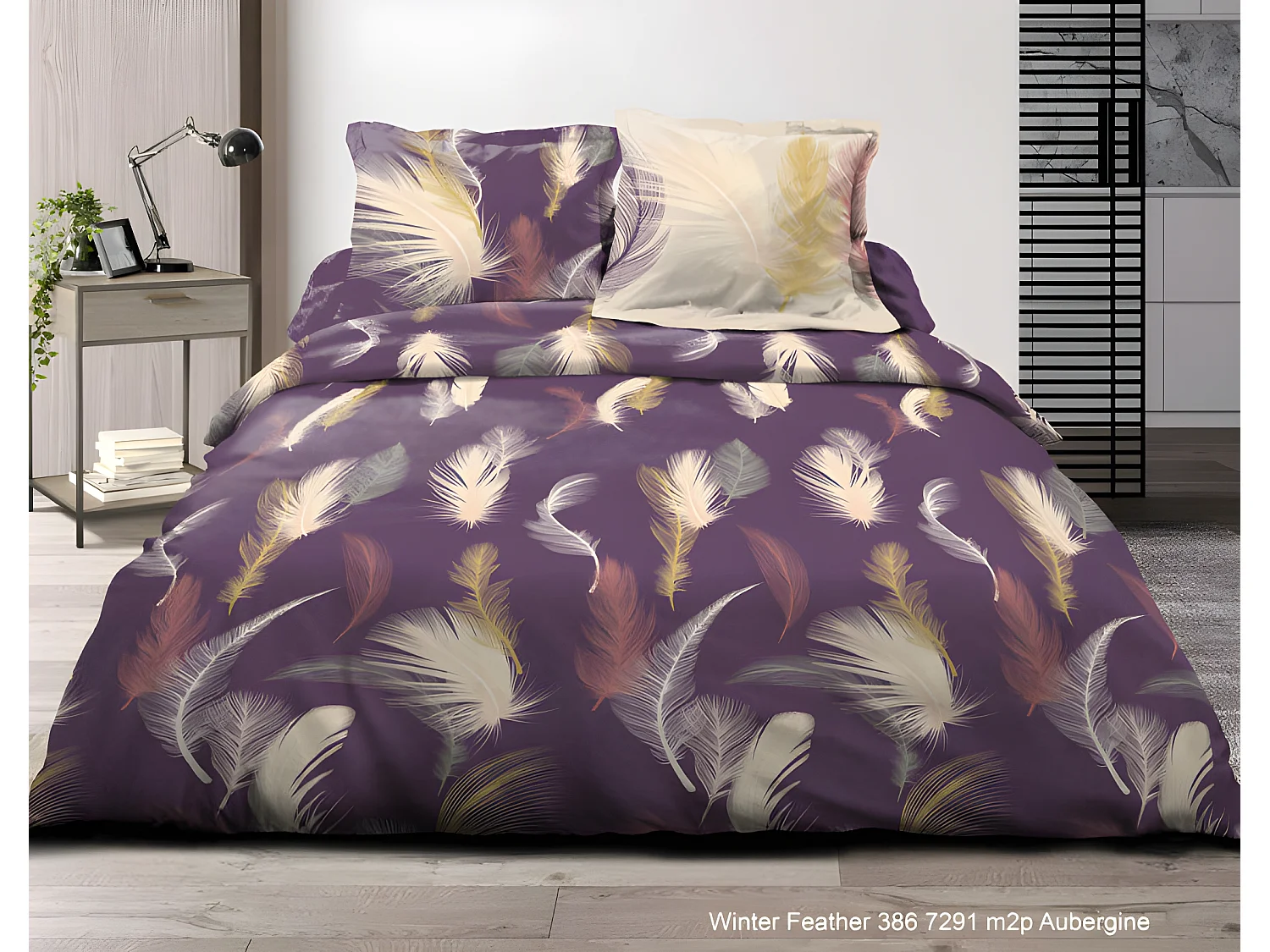 Pack complet Feather Aubergine housse de couette pour lit 160 x 200 cm 100% coton / 57 fils/cm²