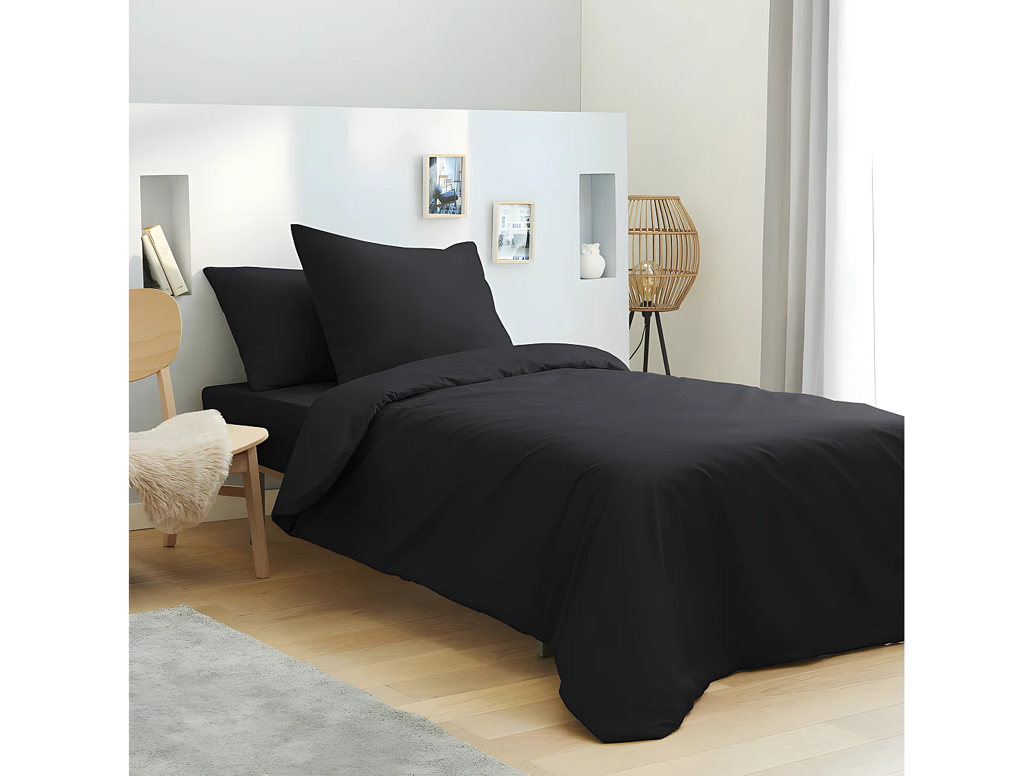 Pack complet 4 pièces Noir housse de couette pour lit 90 x 190 cm 100% coton / 57 fils/cm²