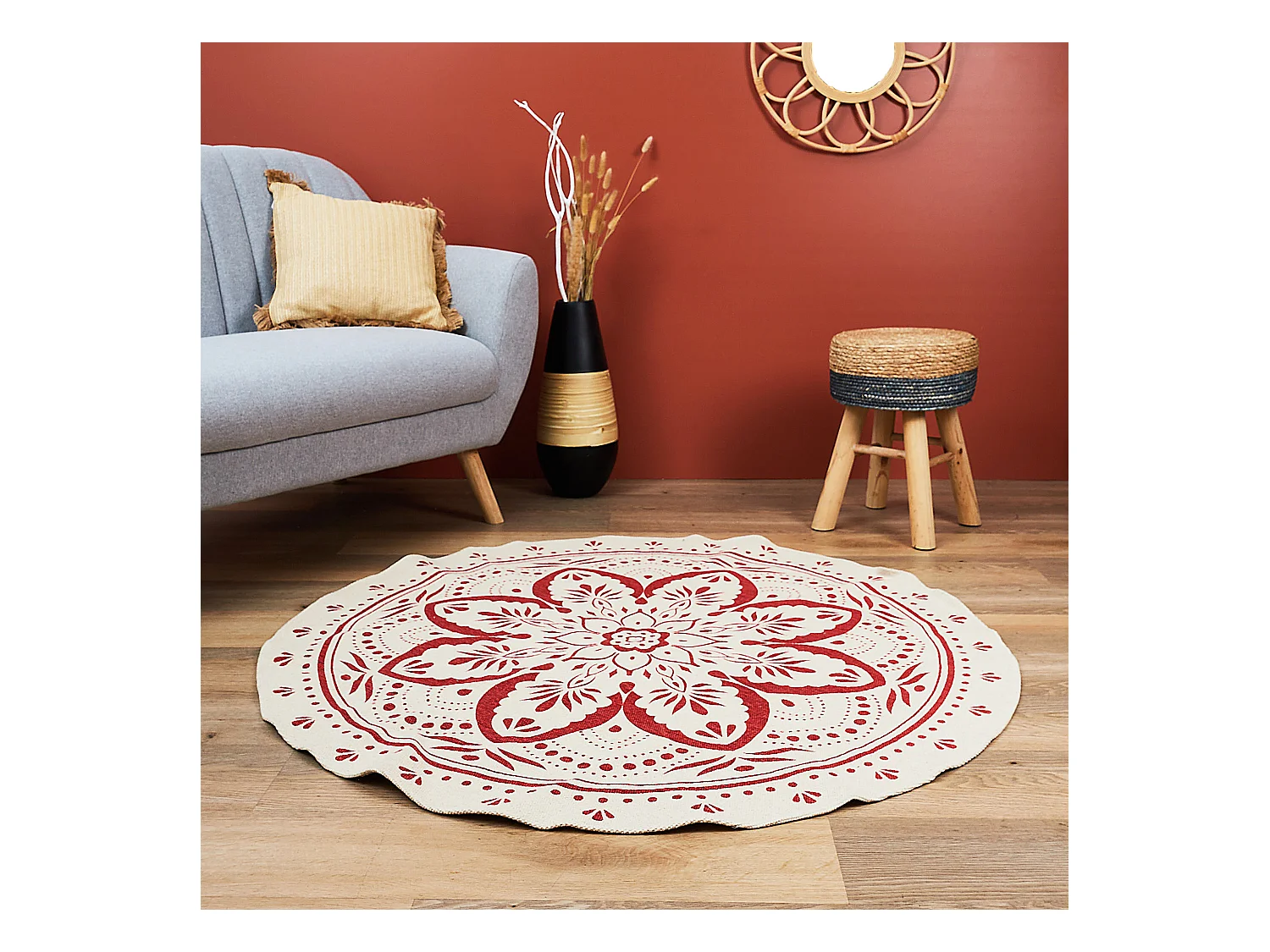 Tapis Rond Imprime Mandala Terracotta 120cm Rouge, Marron