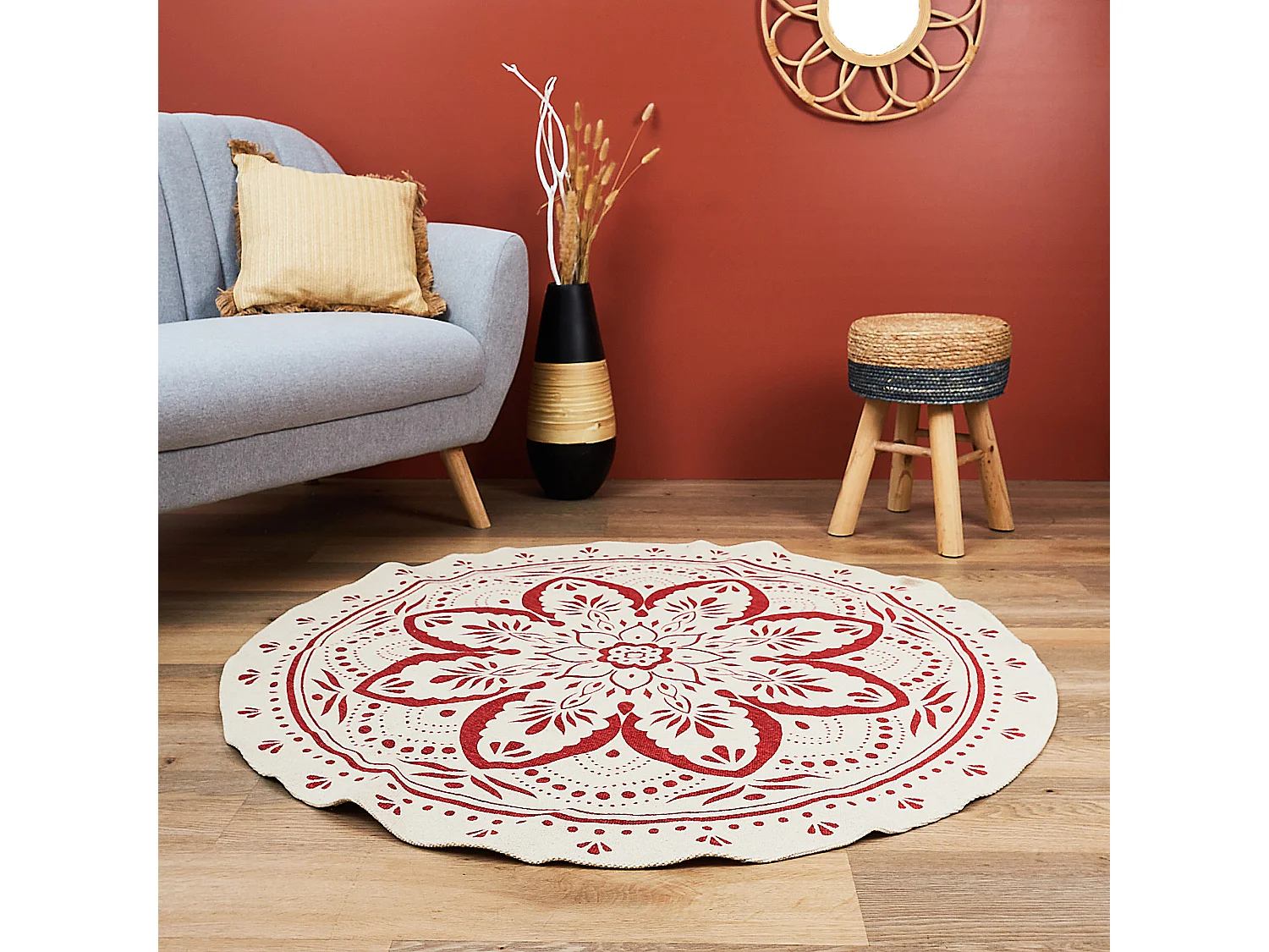 Tapis Rond Imprime Mandala Terracotta 120cm Rouge, Marron