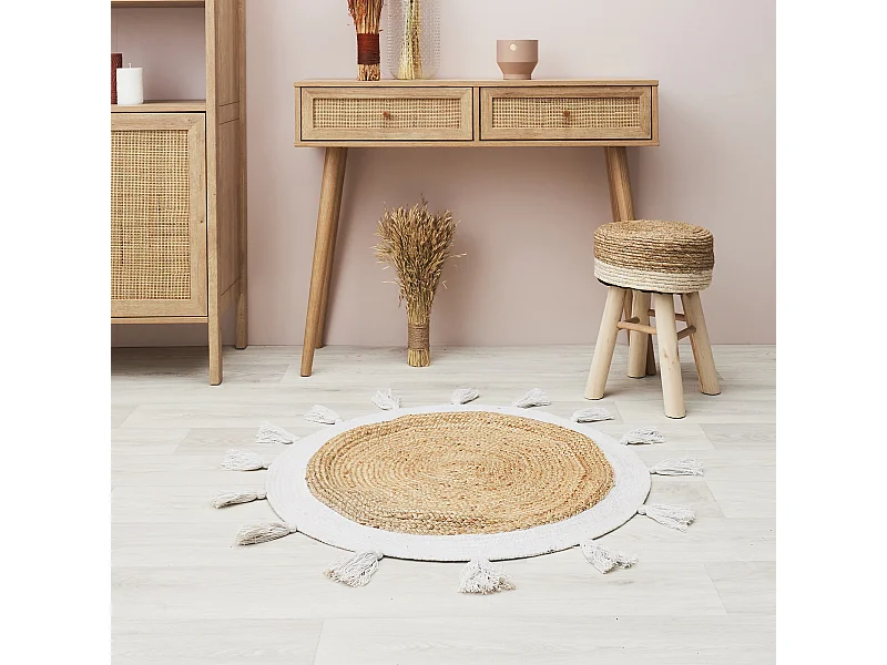 Tapis Rond Jute Pompons Blanc 80cm Noir