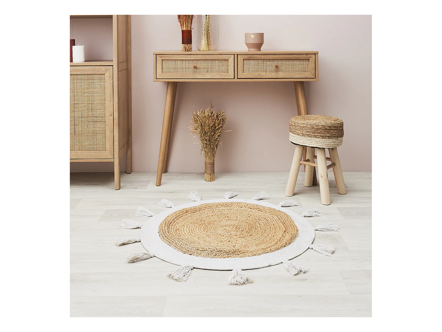 Tapis Rond Jute Pompons Blanc 80cm Noir