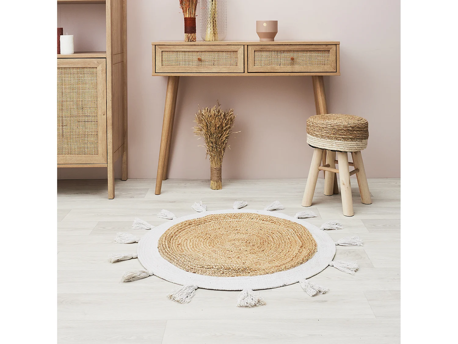 Tapis Rond Jute Pompons Blanc 80cm Noir