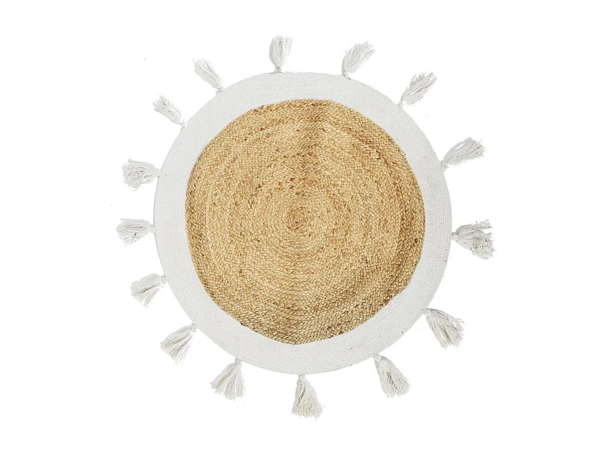 Tapis Rond Jute Pompons Blanc 80cm Noir