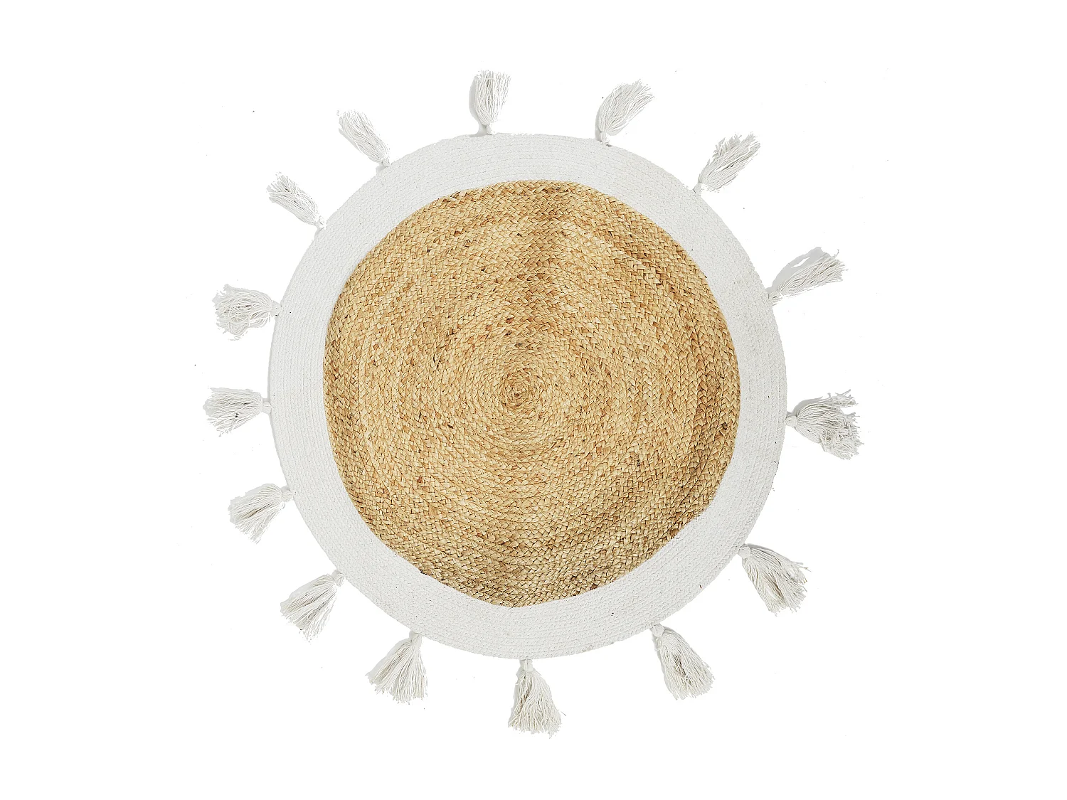 Tapis Rond Jute Pompons Blanc 80cm Noir