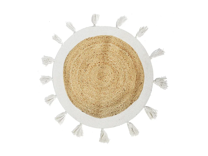 Tapis Rond Jute Pompons Blanc 80cm Noir