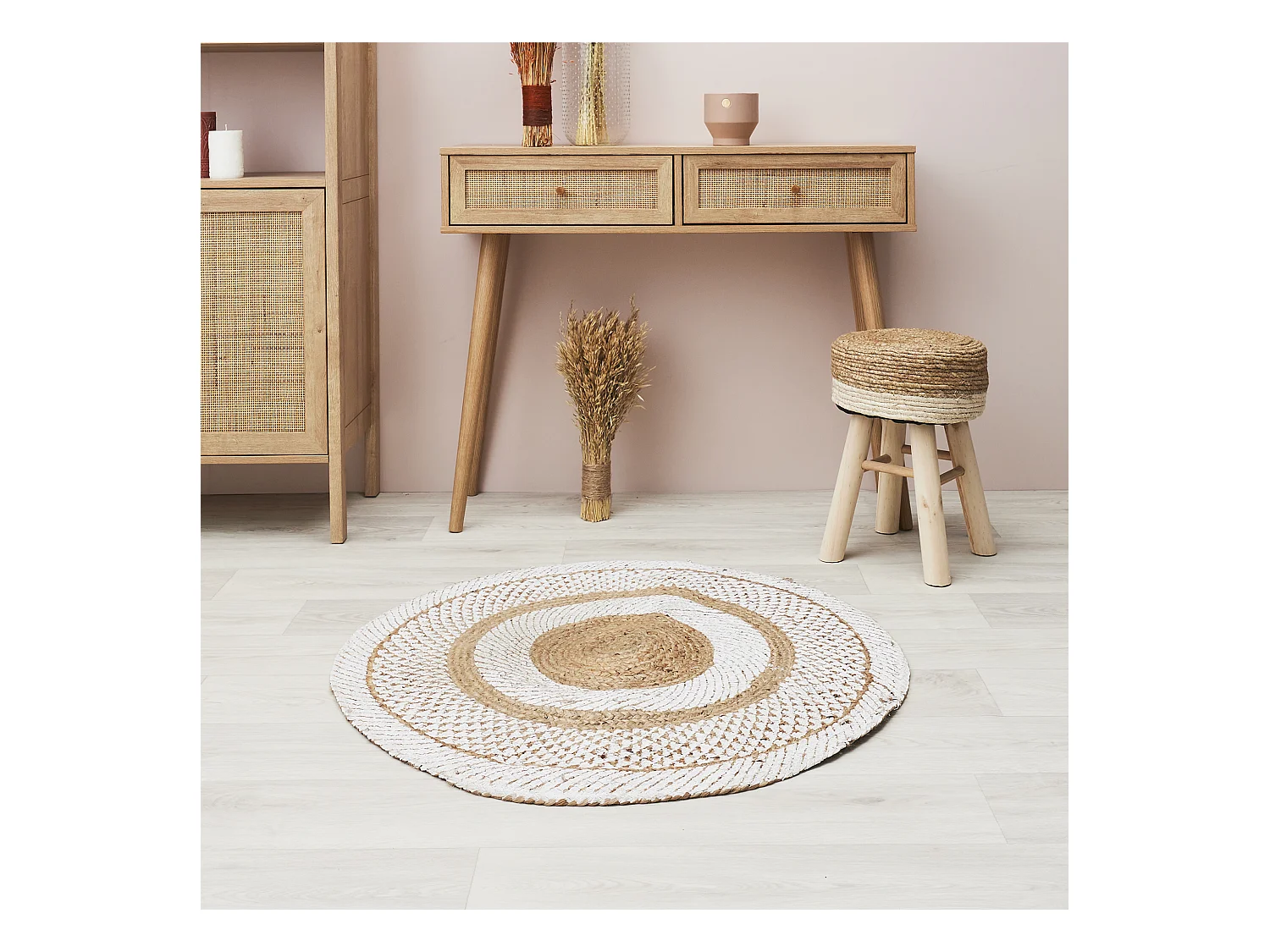 Tapis Rond Jute Imprime Blanc 90cm Beige, Blanc