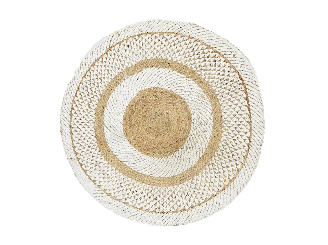 Tapis Rond Jute Imprime Blanc 90cm Beige, Blanc