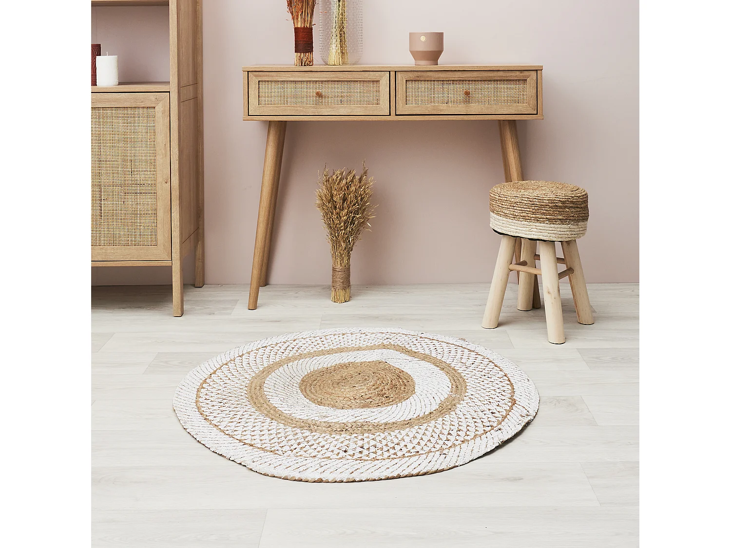 Tapis Rond Jute Imprime Blanc 90cm Beige, Blanc