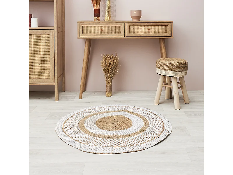 Tapis Rond Jute Imprime Blanc 90cm Beige, Blanc