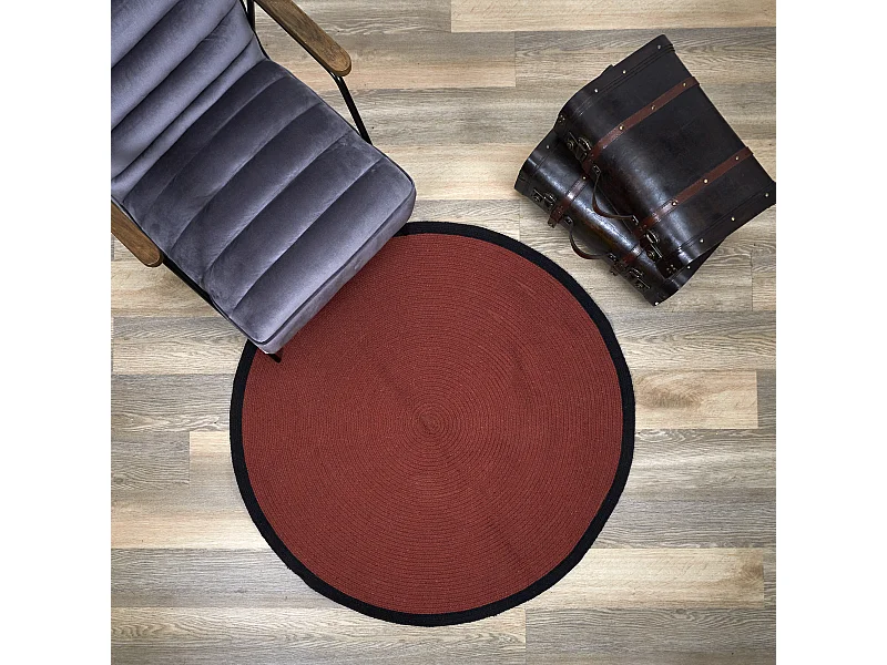 Tapis Rond Coton Terracotta Bord Noir 120cm Rouge