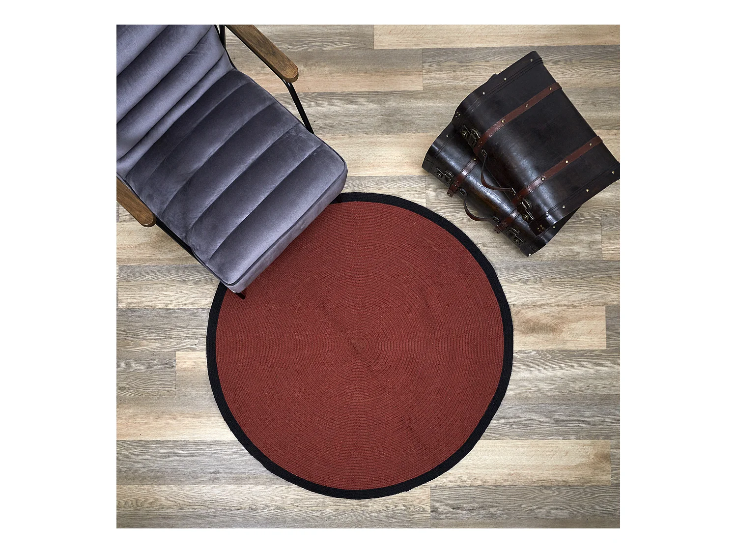 Tapis Rond Coton Terracotta Bord Noir 120cm Rouge