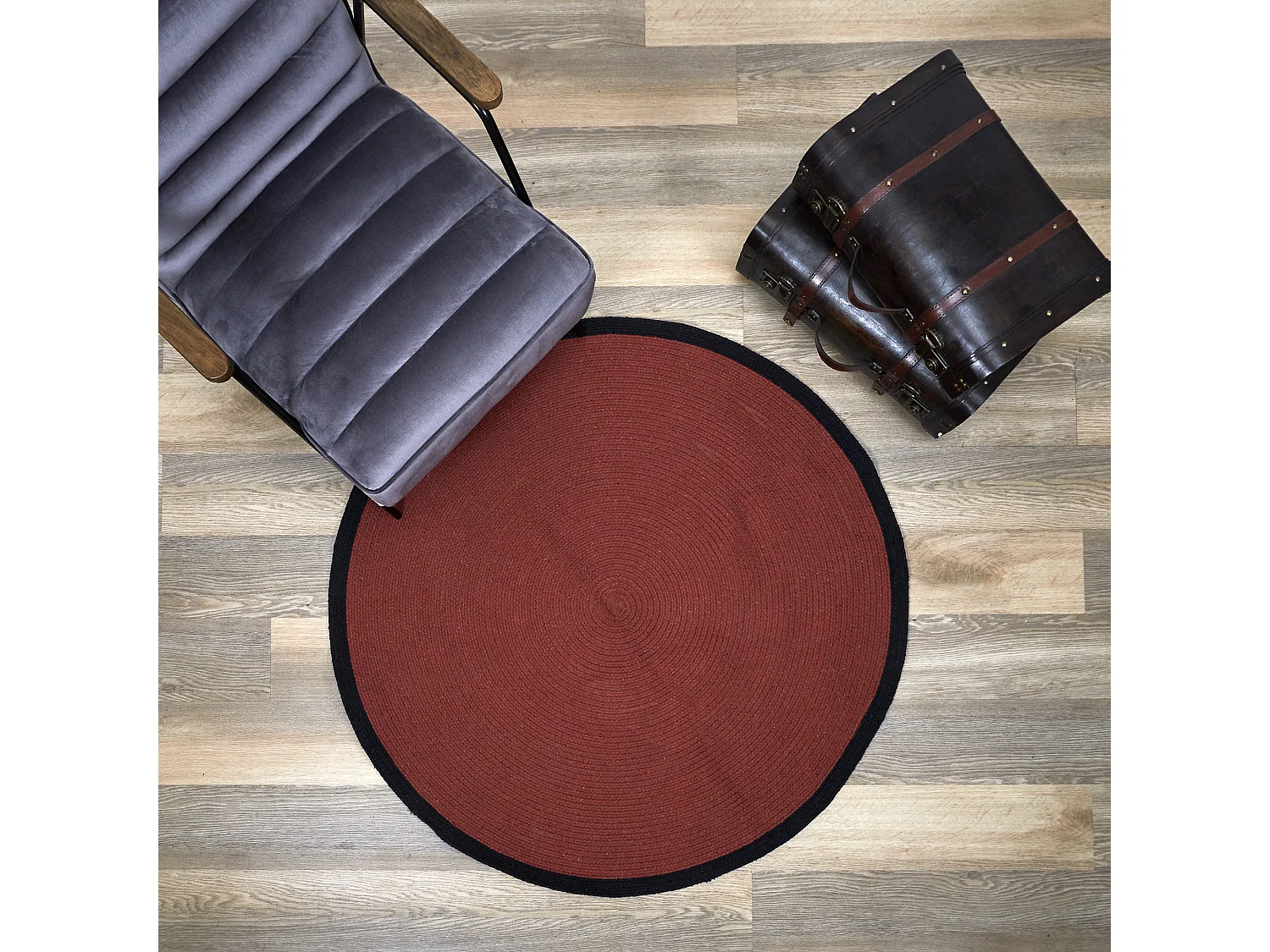 Tapis Rond Coton Terracotta Bord Noir 120cm Rouge