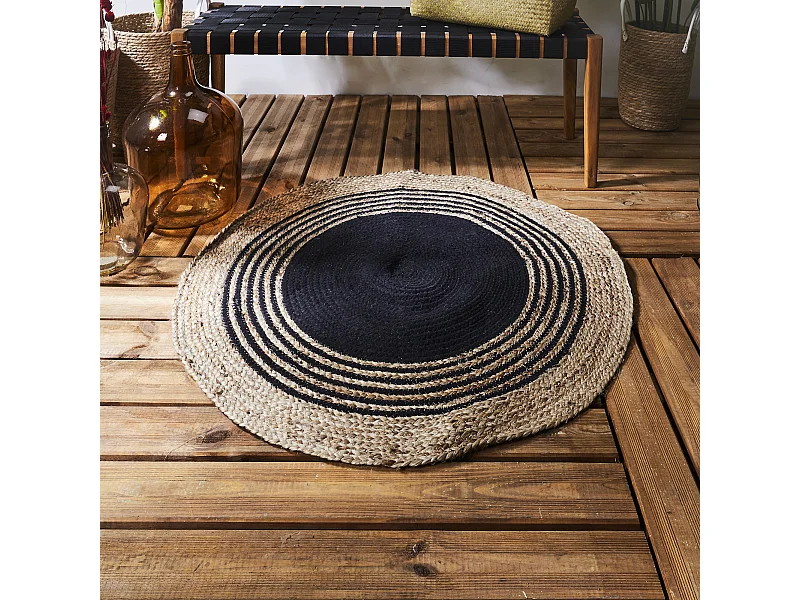 Tapis Rond Jute Coton Noir 90cm Marron, Noir