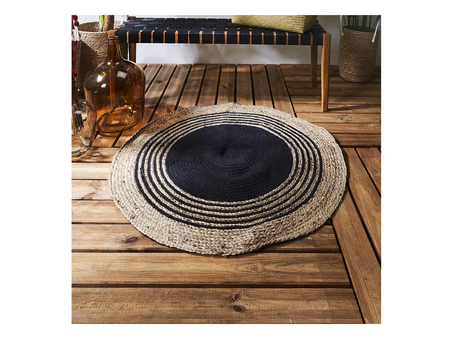 Tapis Rond Jute Coton Noir 90cm Marron, Noir