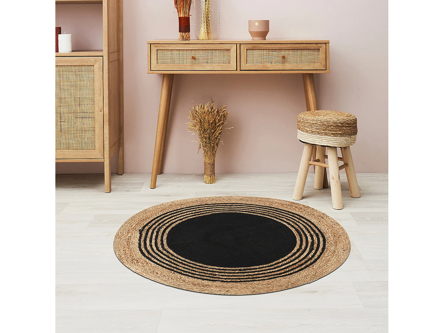 Tapis Rond Jute Coton Noir 90cm Marron, Noir