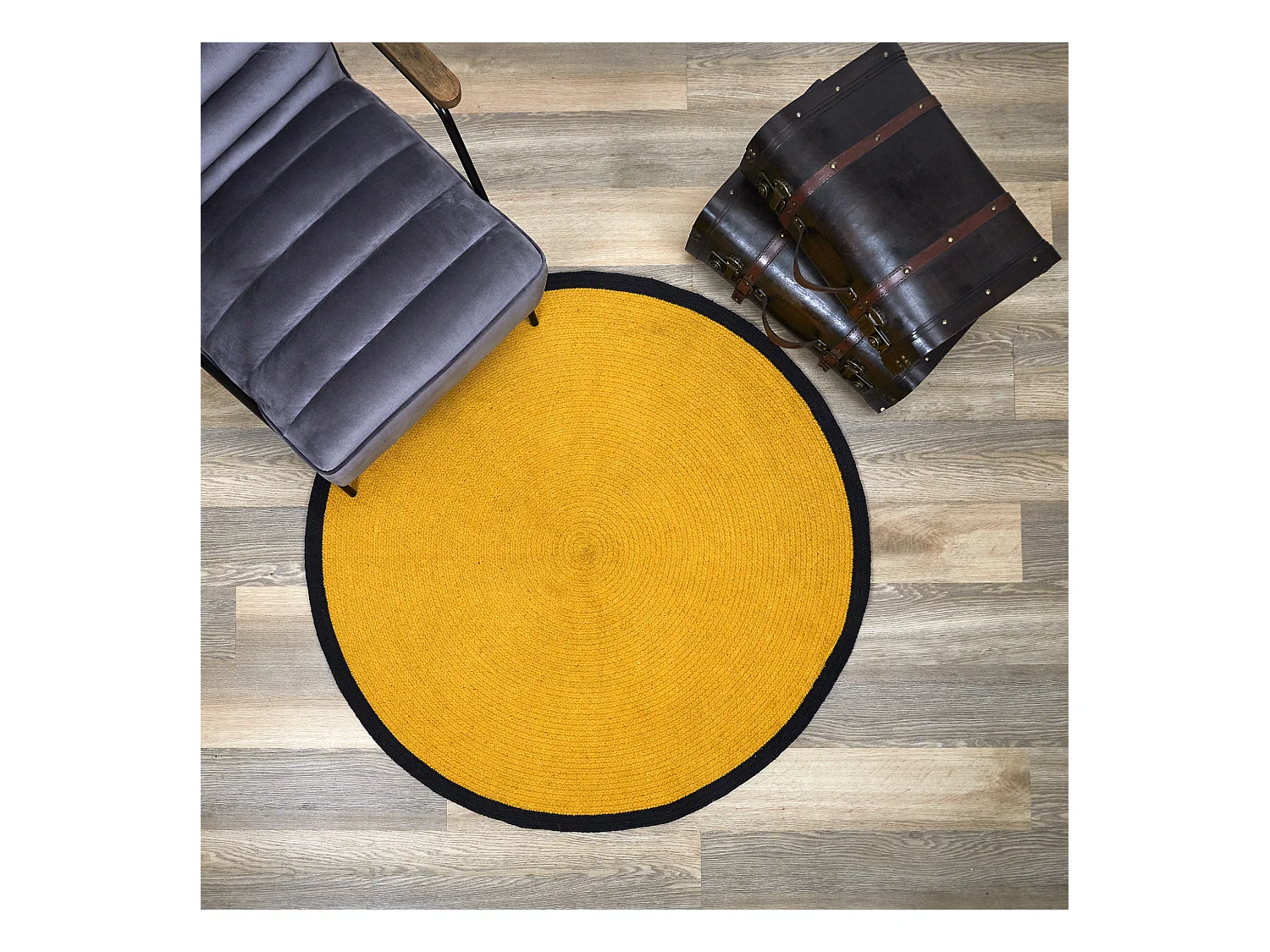 Tapis Rond Coton Moutarde Bord Noir 120cm Jaune