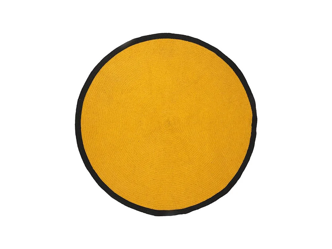 Tapis Rond Coton Moutarde Bord Noir 120cm Jaune