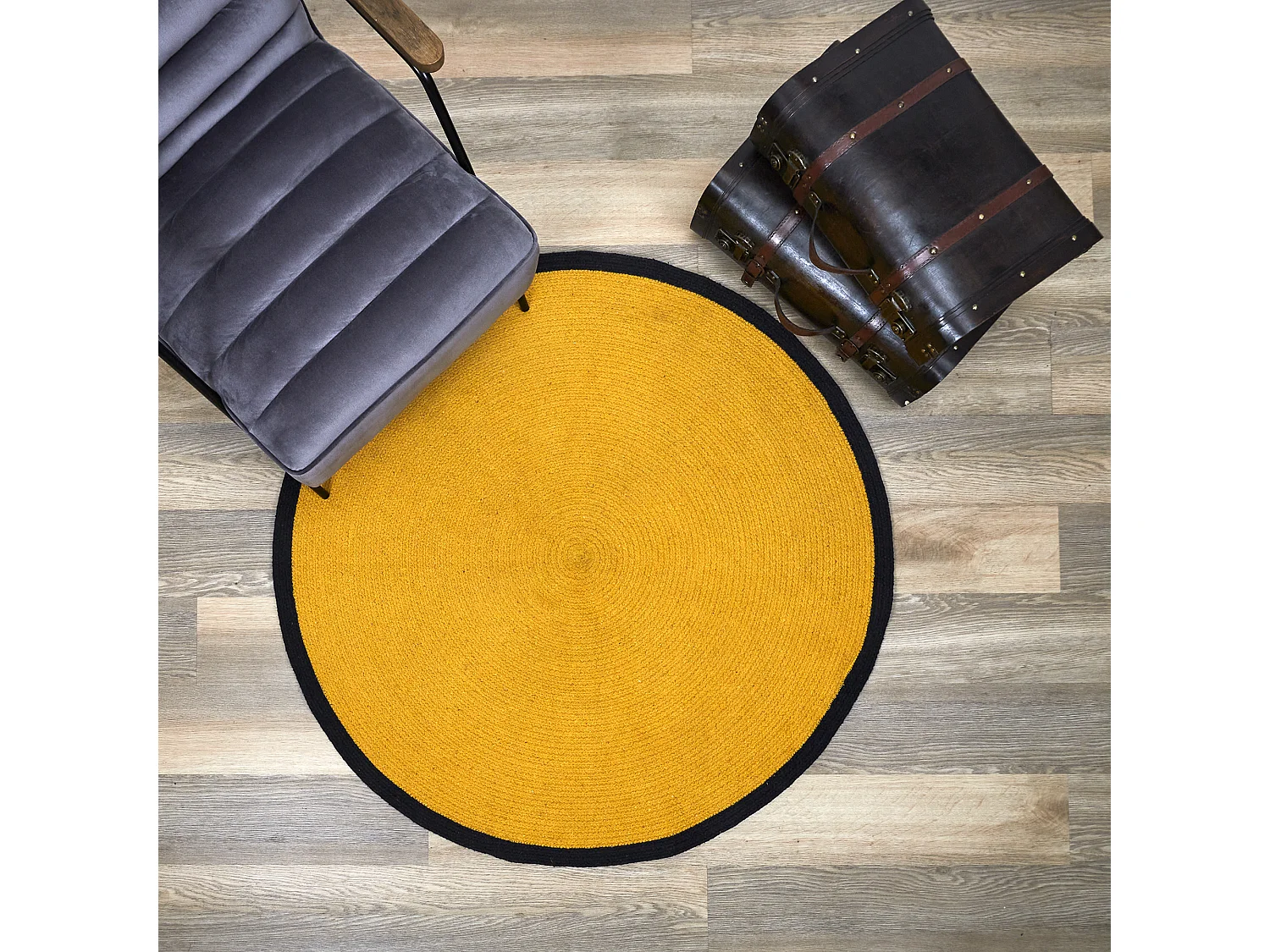 Tapis Rond Coton Moutarde Bord Noir 120cm Jaune