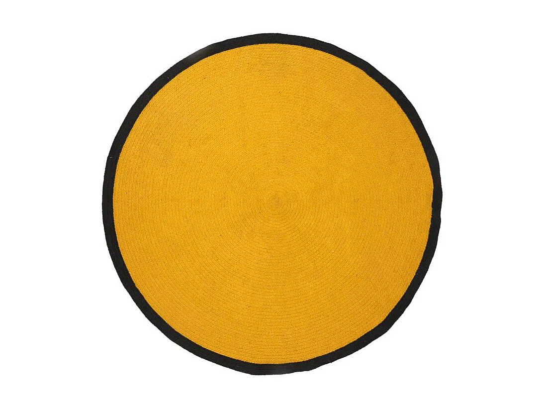 Tapis Rond Coton Moutarde Bord Noir 120cm Jaune