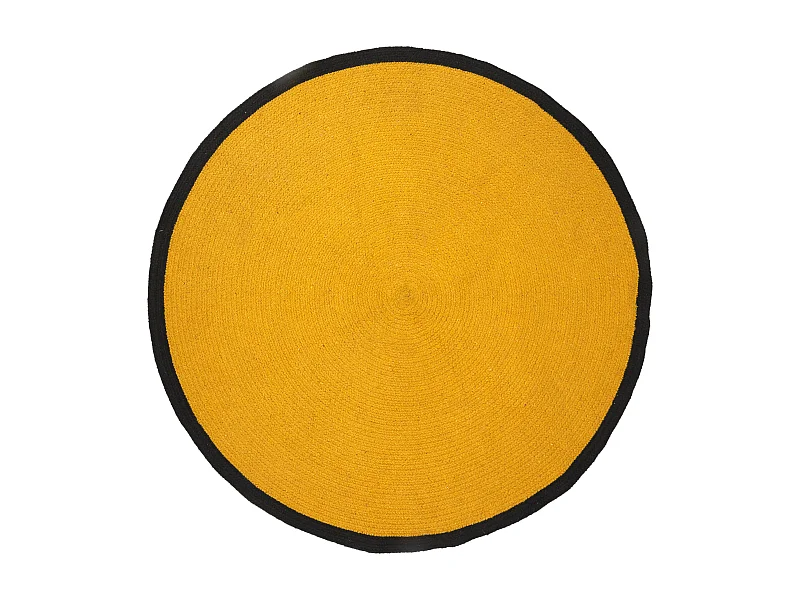 Tapis Rond Coton Moutarde Bord Noir 120cm Jaune