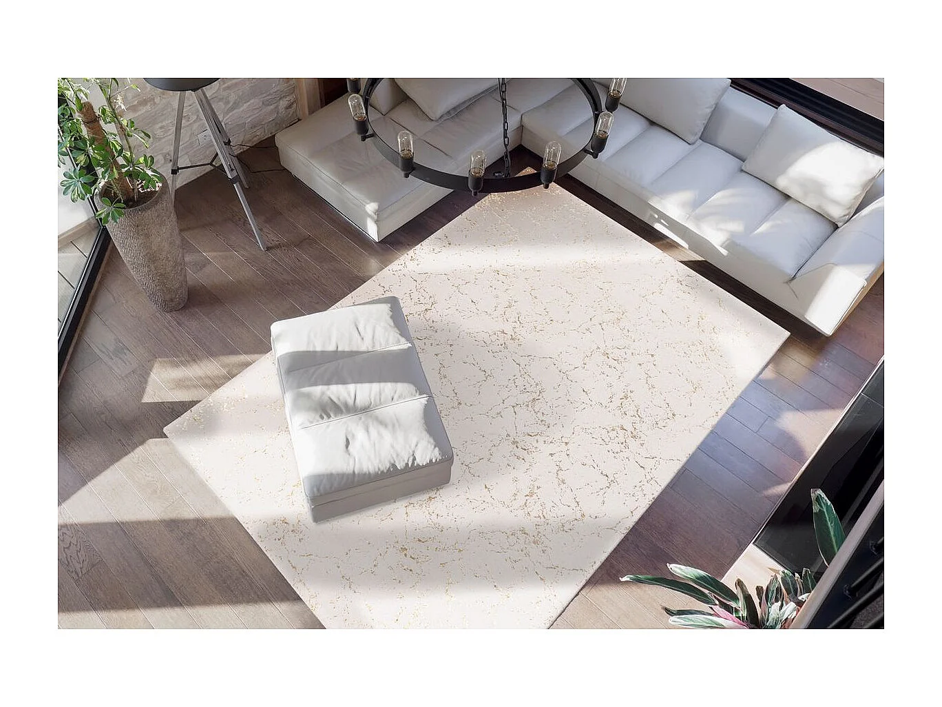 Tapis Géométrique à Poils Longs "Bijou" Crème & Or 80 x 150 cm