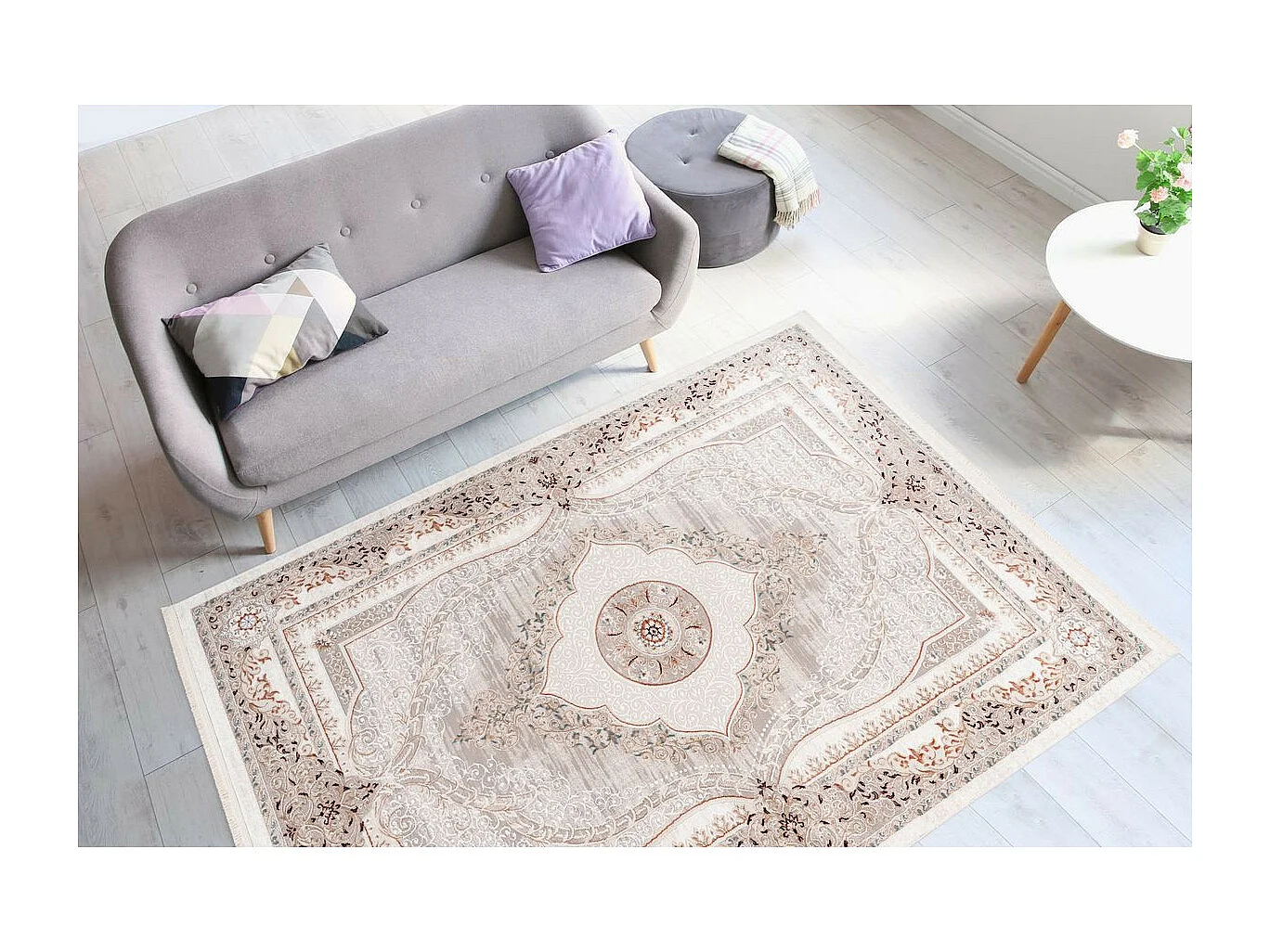 Tapis Vintage à Franges "Akropolis V" Gris & Rose 120 x 180 cm