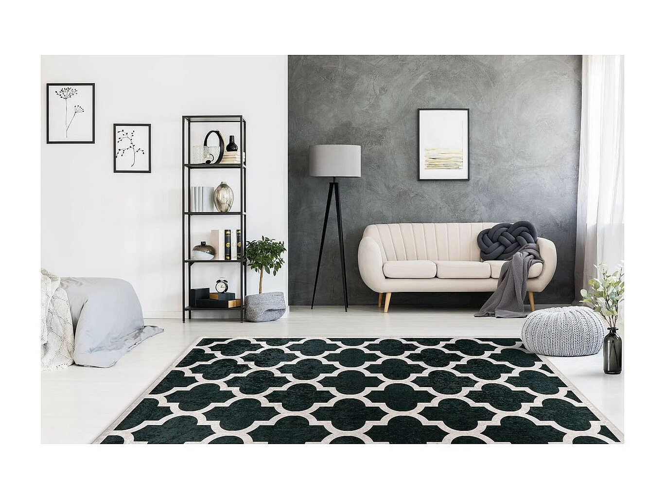 Tapis Imprimé à Poils Courts "Sally" Noir & Crème 80 x 150 cm