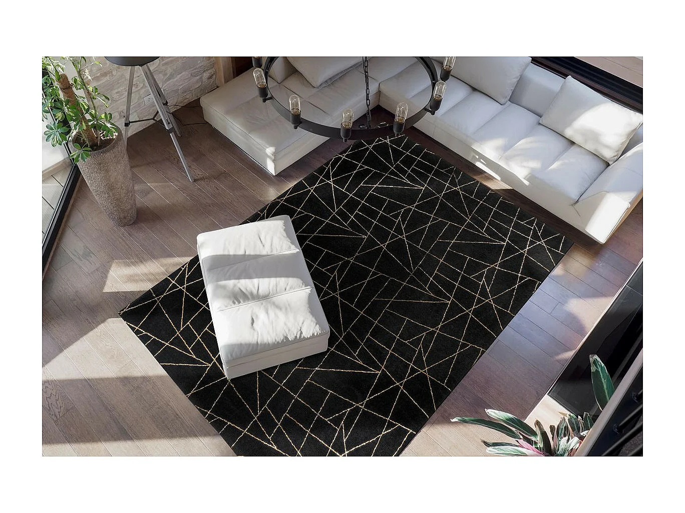 Tapis Géométrique à Poils Longs "Bijou" Noir & Or 160 x 230 cm