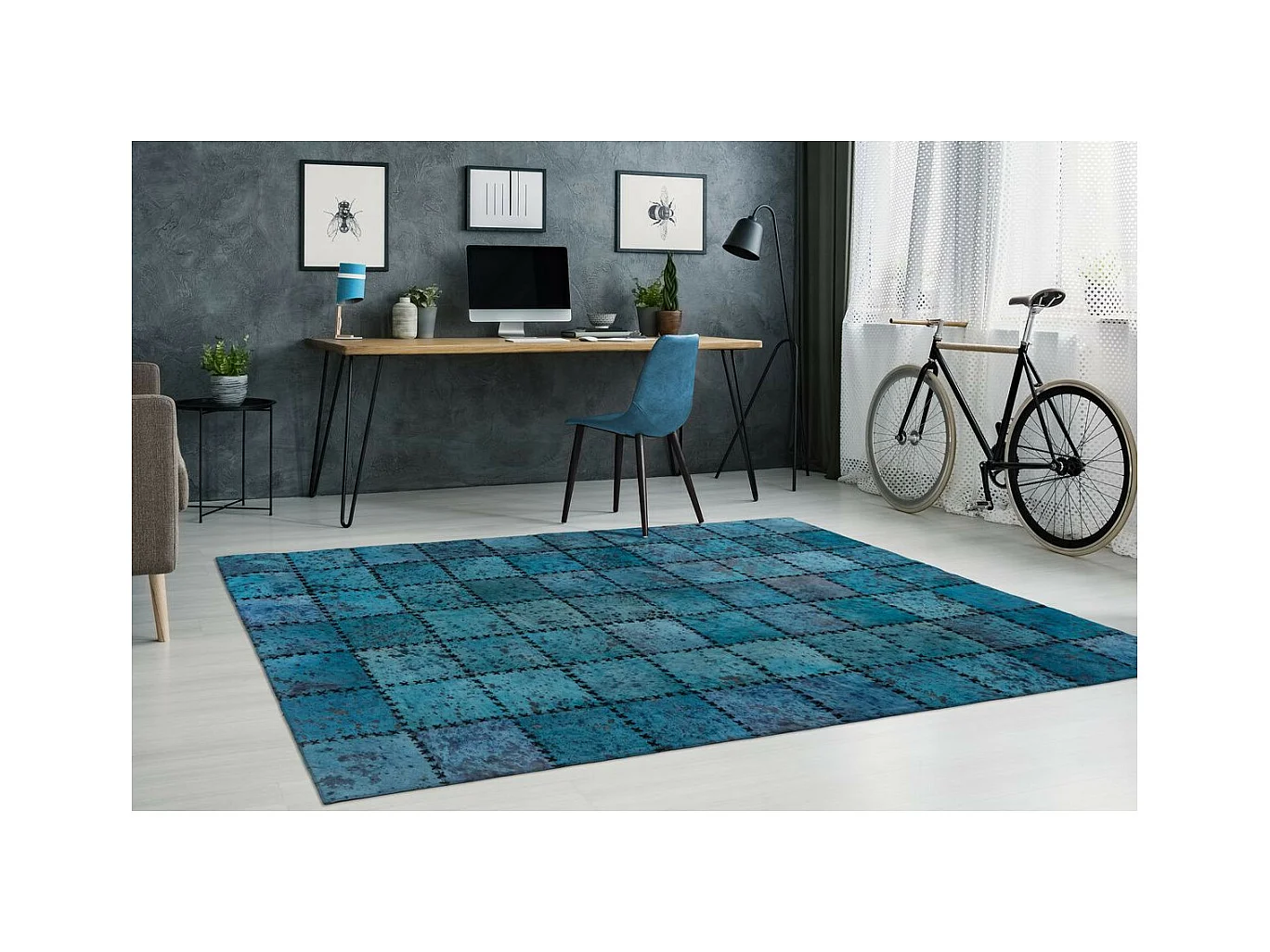 Tapis Patchwork en Cuir Fait Main "Voila" Turquoise 160 x 230 cm