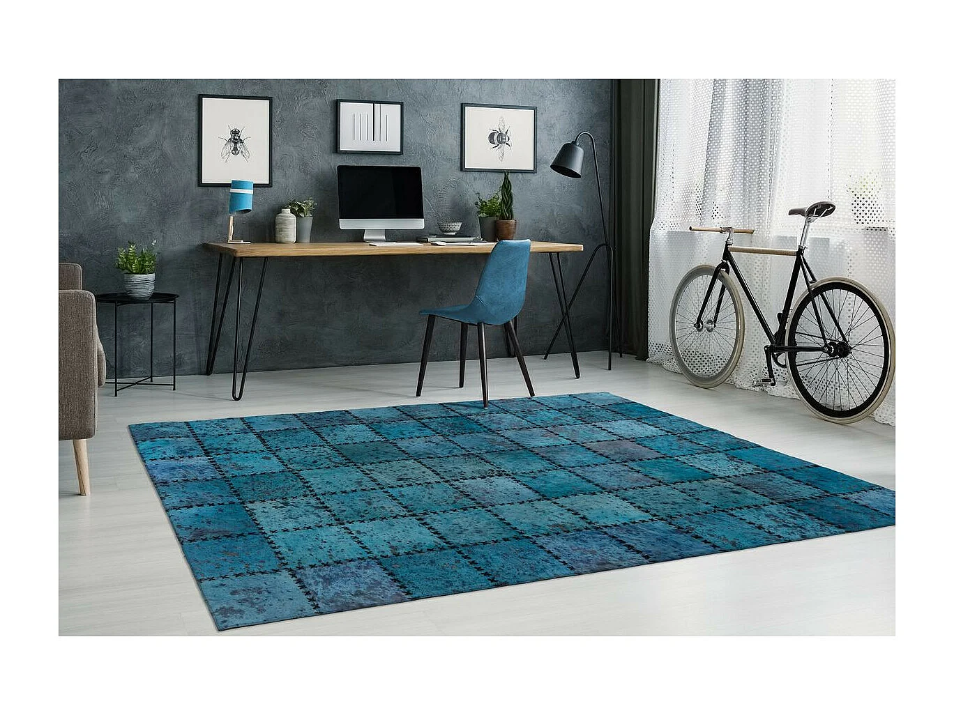 Tapis Patchwork en Cuir Fait Main "Voila" Turquoise 160 x 230 cm
