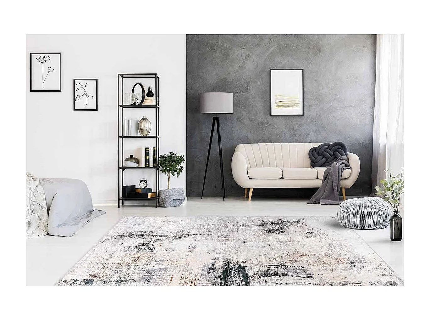 Tapis Vintage Imprimé à Poils Plats "Rhodin" Crème 80 x 150 cm