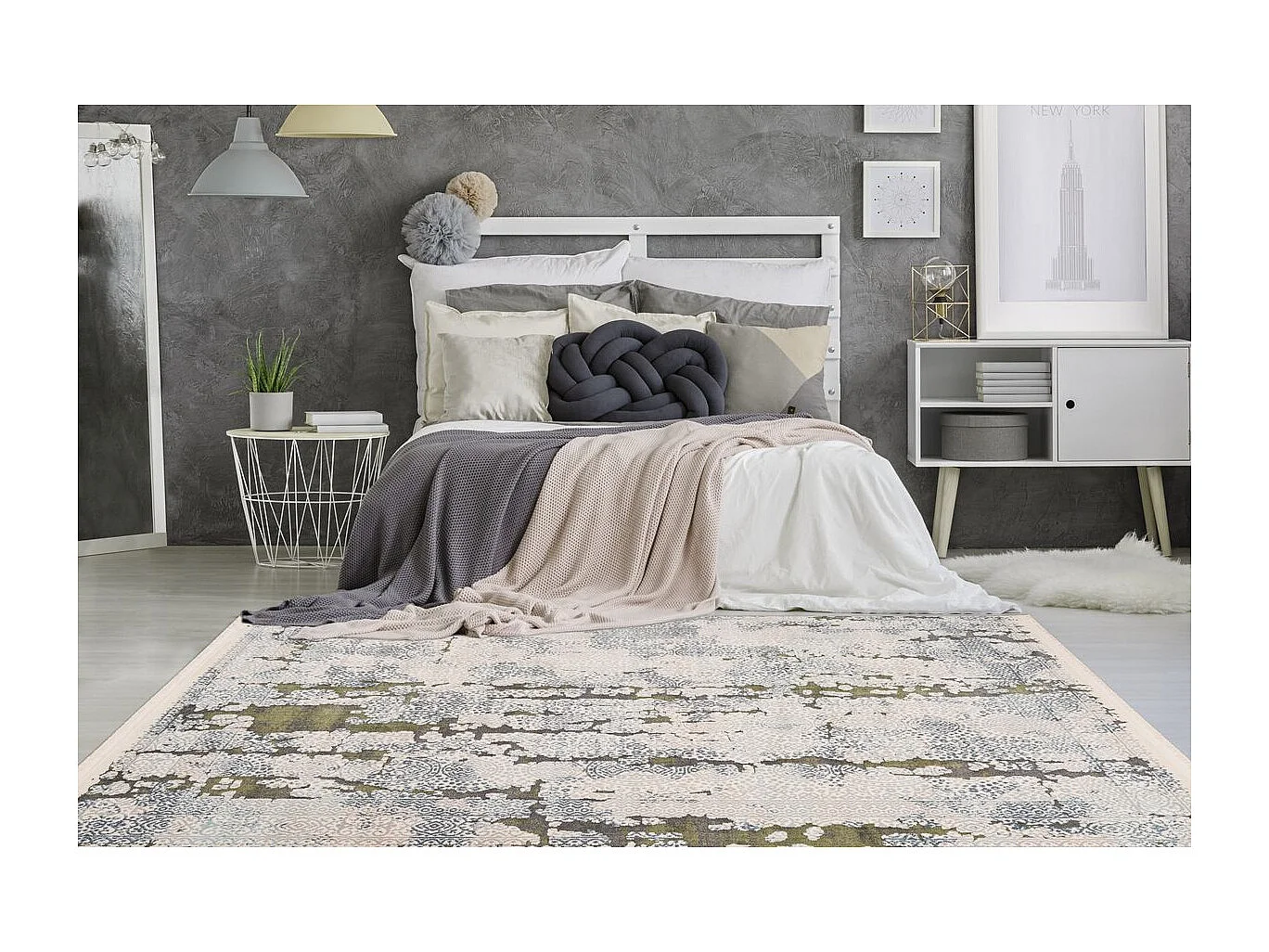 Tapis Imprimé Rétro Délavé "Palace" Gris & Vert 120 x 170 cm