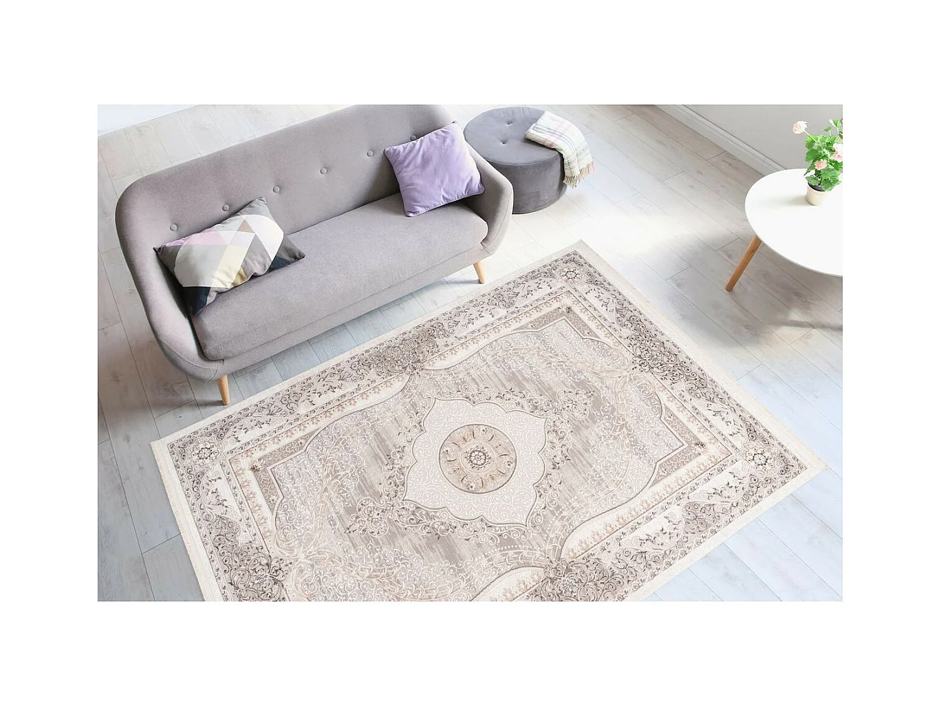Tapis Vintage à Franges "Akropolis V" Gris & Argent 80 x 150 cm